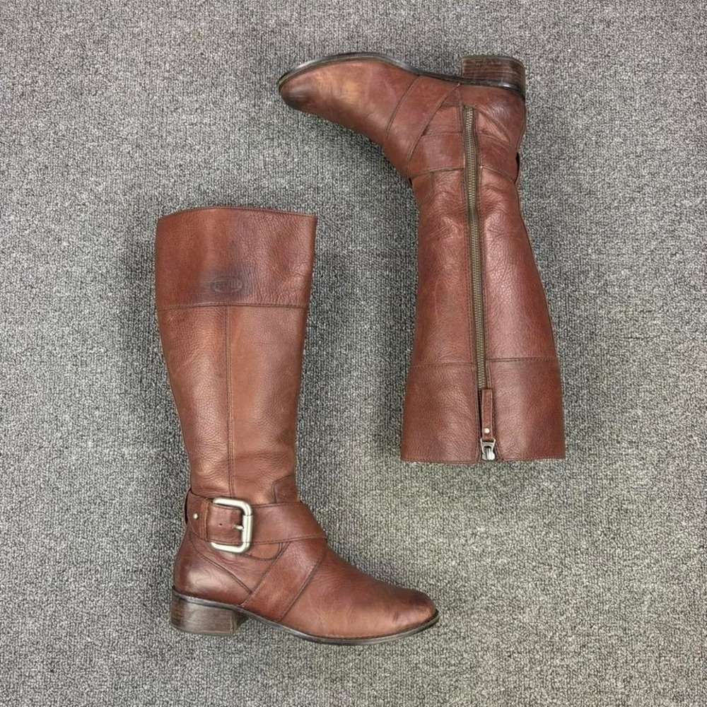 Women's Fossil Genuine Brown Leather Buckle Side Zip Tall Boots Size 7.5
